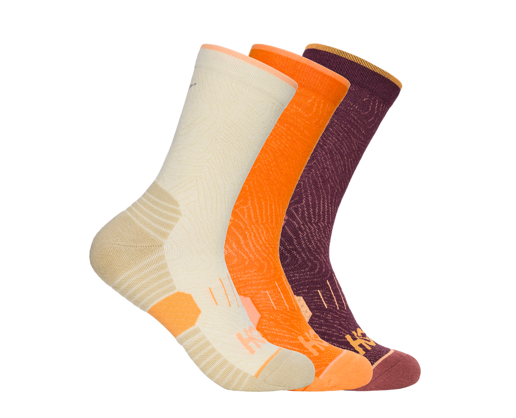 HOKA Crew Run Sock 3-PACK Unisex Truffle Salt Pumpkin Blk Cherry — vista superior