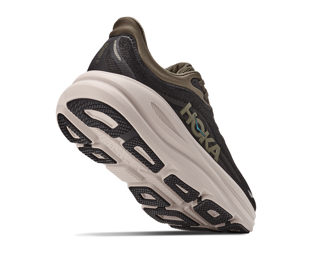 HOKA Bondi 9 Hombre Black / River Rock Grey — vista tres cuartos