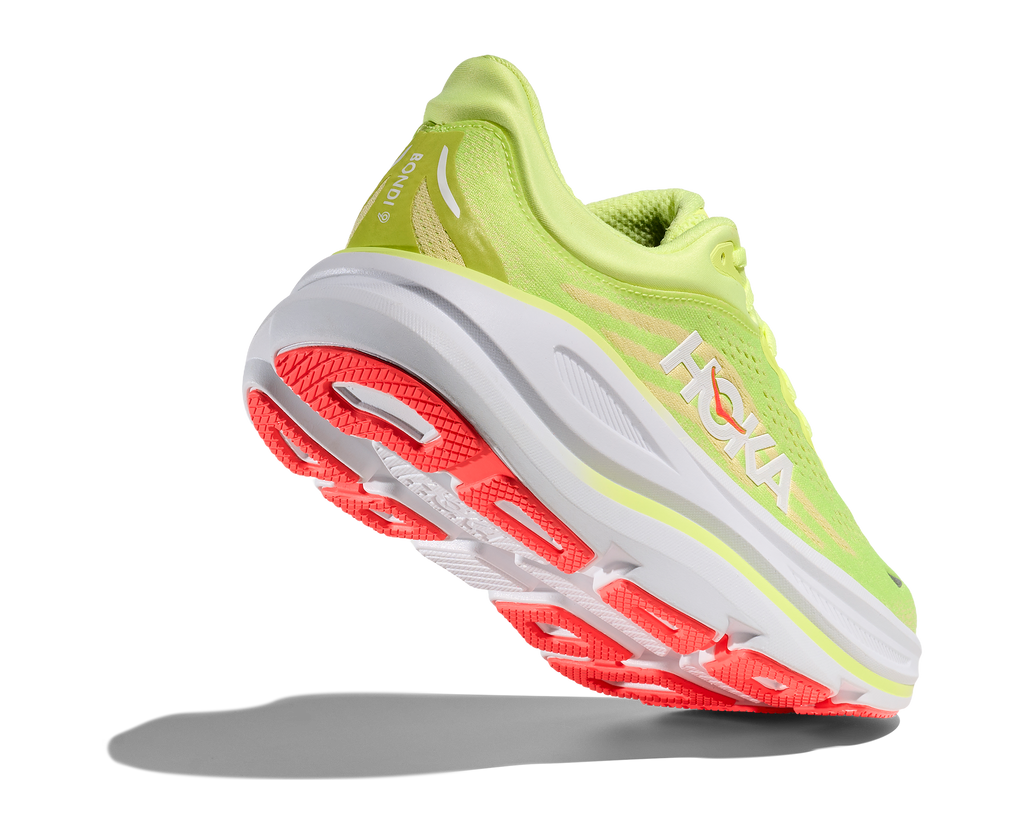 HOKA Bondi 9 Mujer Neon Yuzu Sunlight — vista tres cuartos
