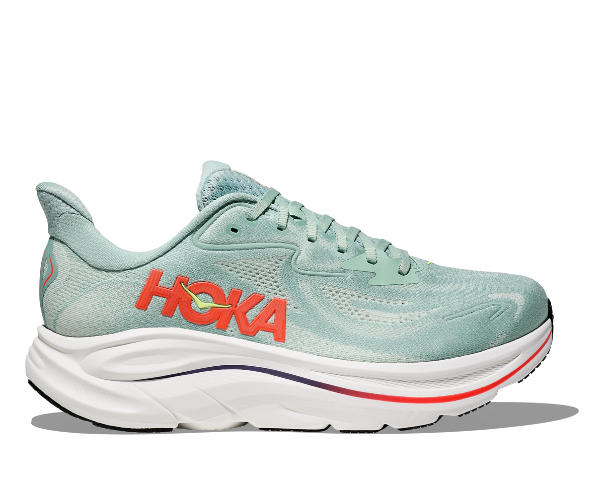 HOKA Clifton 10 Hombre Sage / Neon Flame — vista lateral