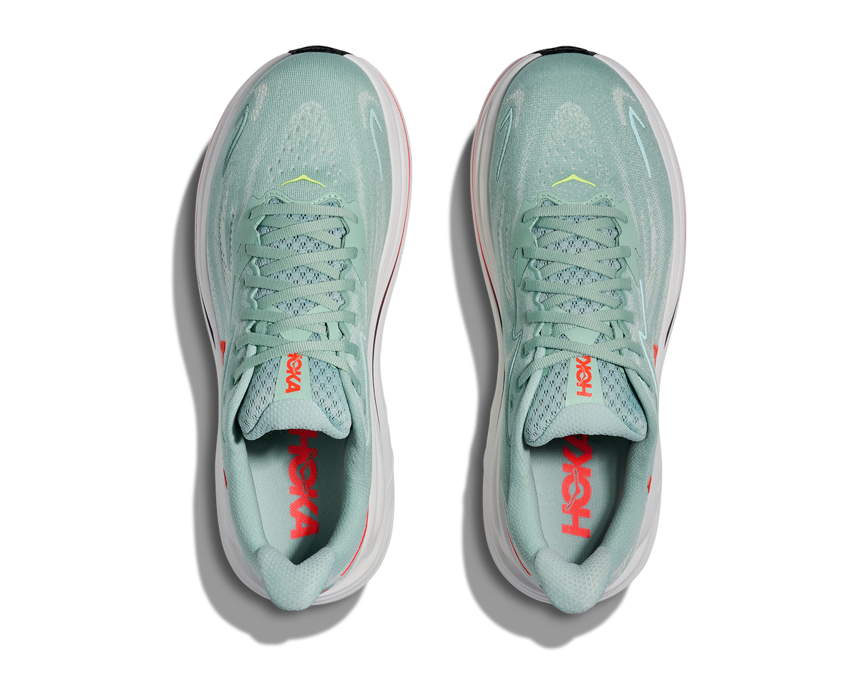 HOKA Clifton 10 Hombre Sage / Neon Flame — vista medial