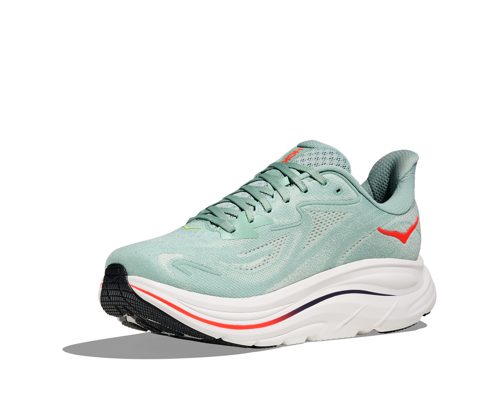 HOKA Clifton 10 Hombre Sage / Neon Flame — vista frontal
