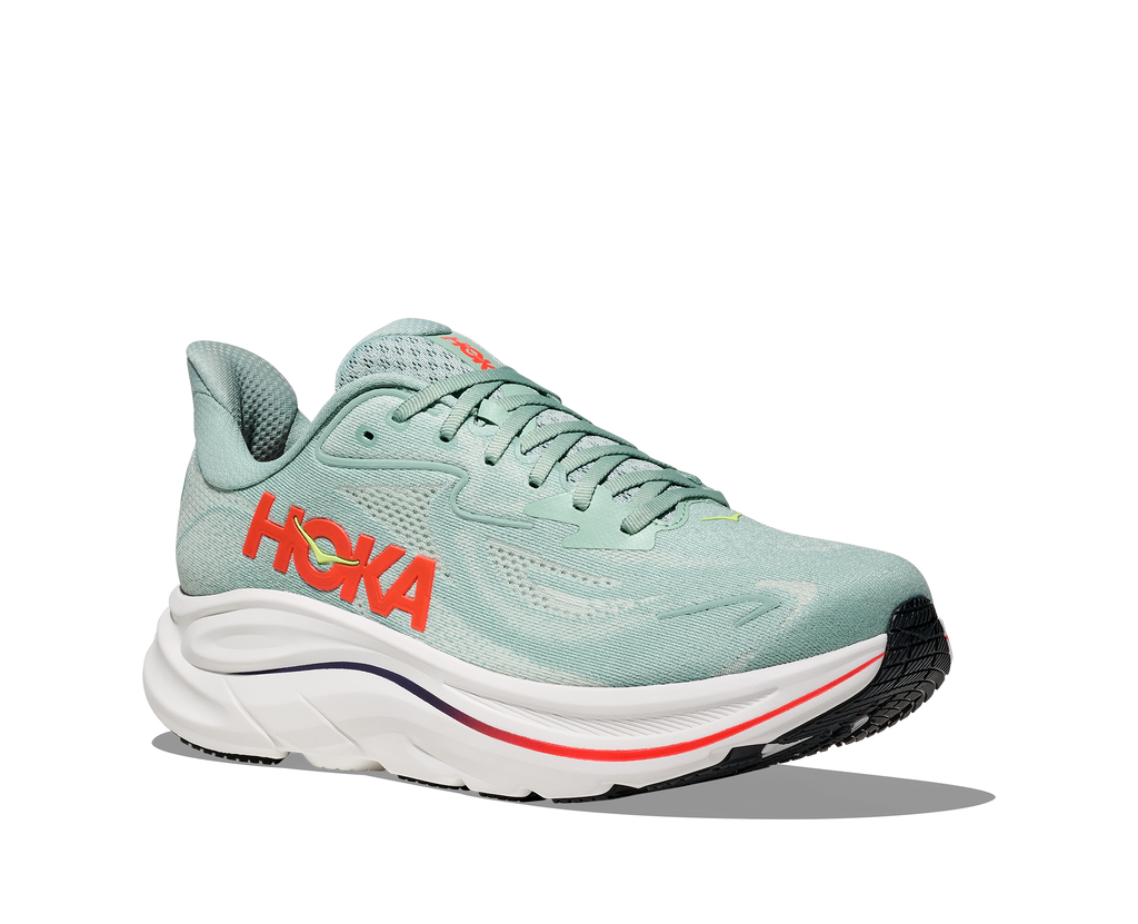 HOKA Clifton 10 Hombre Sage / Neon Flame — vista trasera