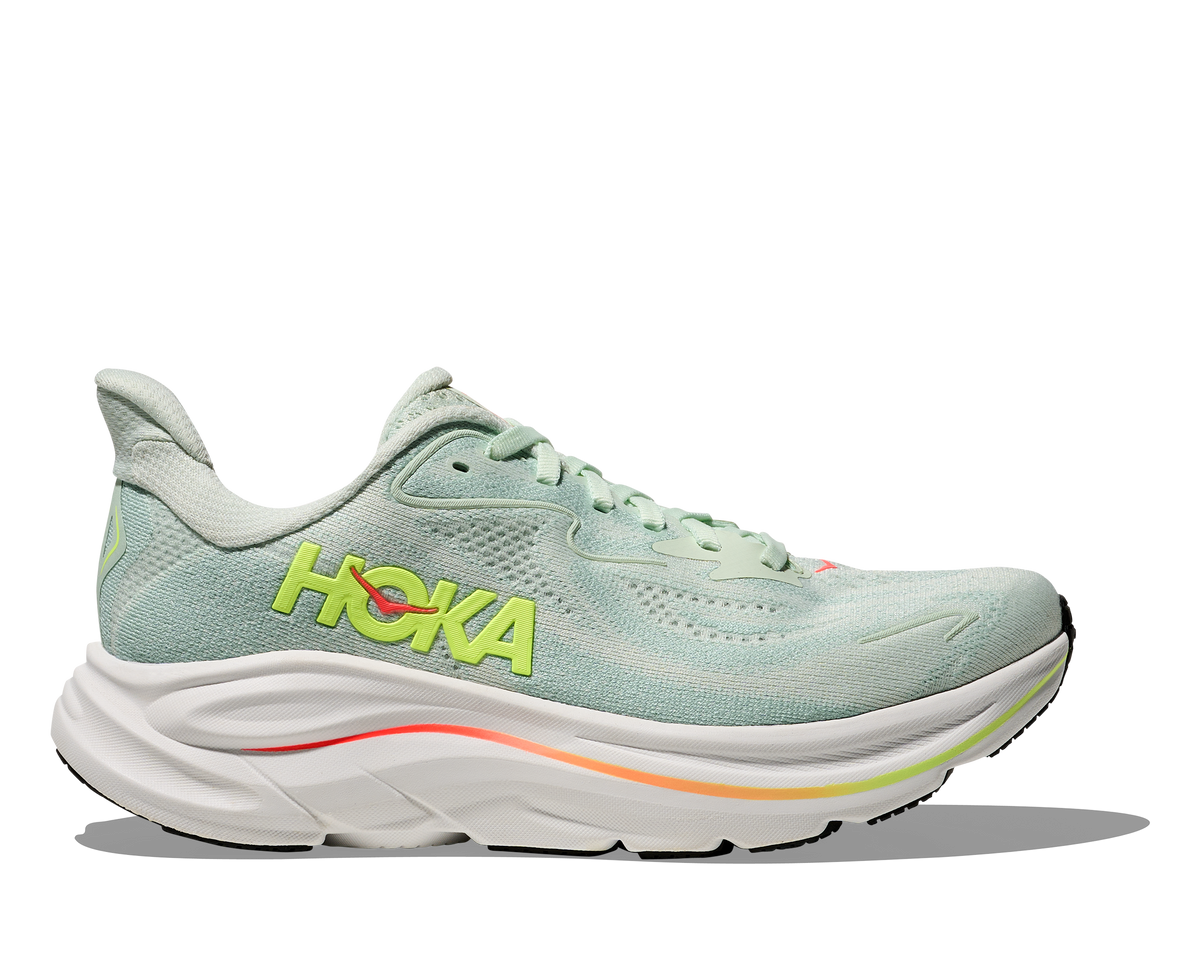 HOKA Clifton 10 Mujer Sea Glass / Neon Flame — vista lateral