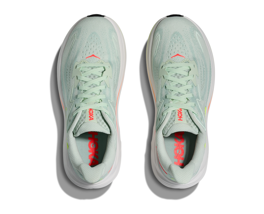 HOKA Clifton 10 Mujer Sea Glass / Neon Flame — vista medial