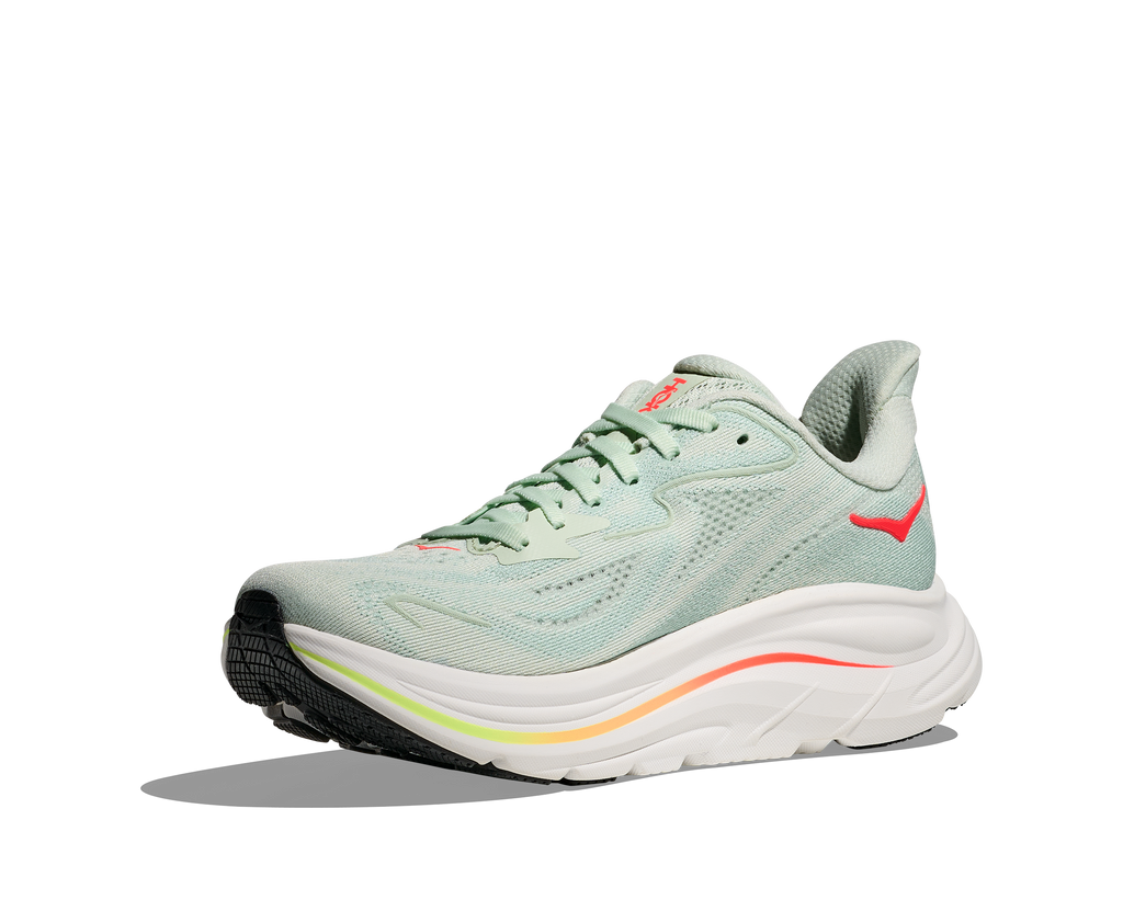 HOKA Clifton 10 Mujer Sea Glass / Neon Flame — vista frontal