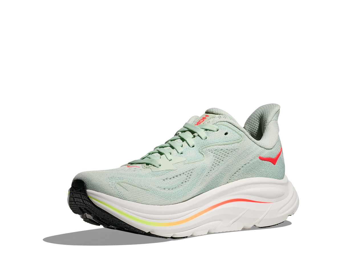 HOKA Clifton 10 Mujer Sea Glass / Neon Flame — vista frontal