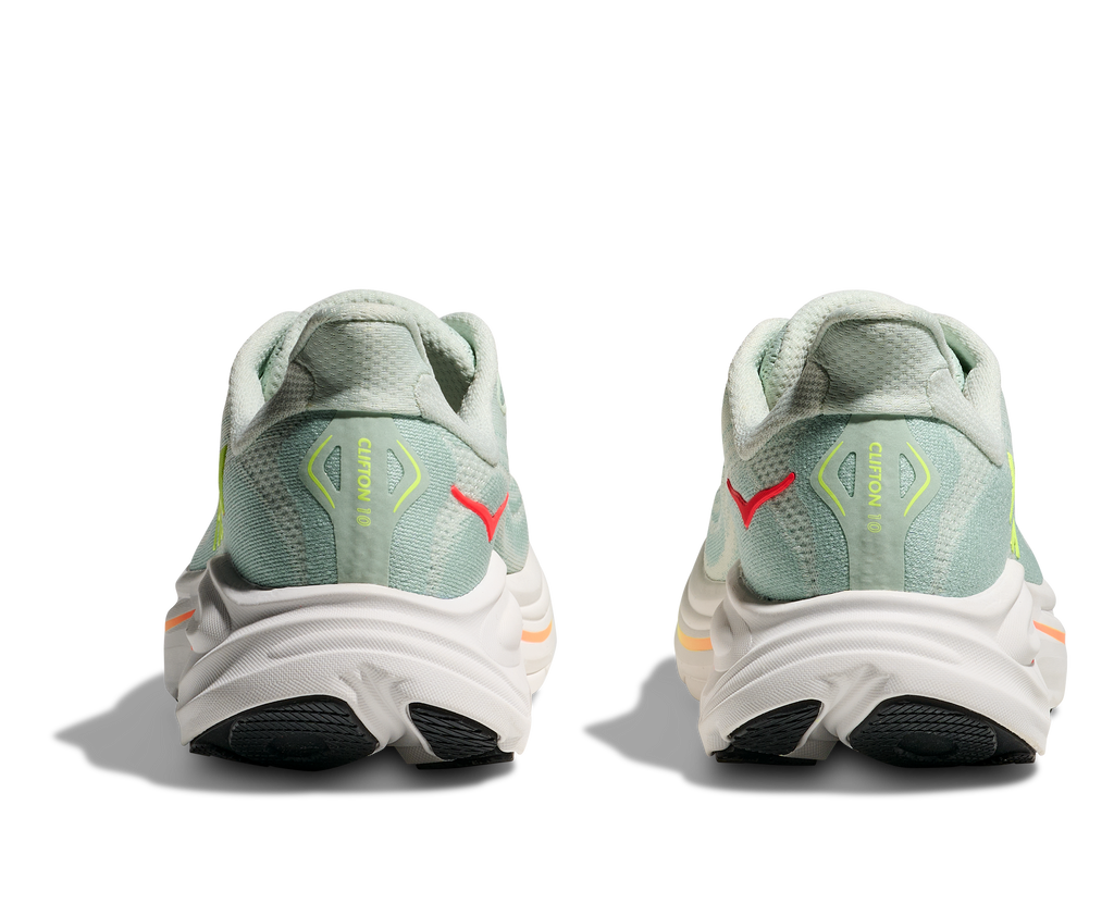HOKA Clifton 10 Mujer Sea Glass / Neon Flame — vista superior