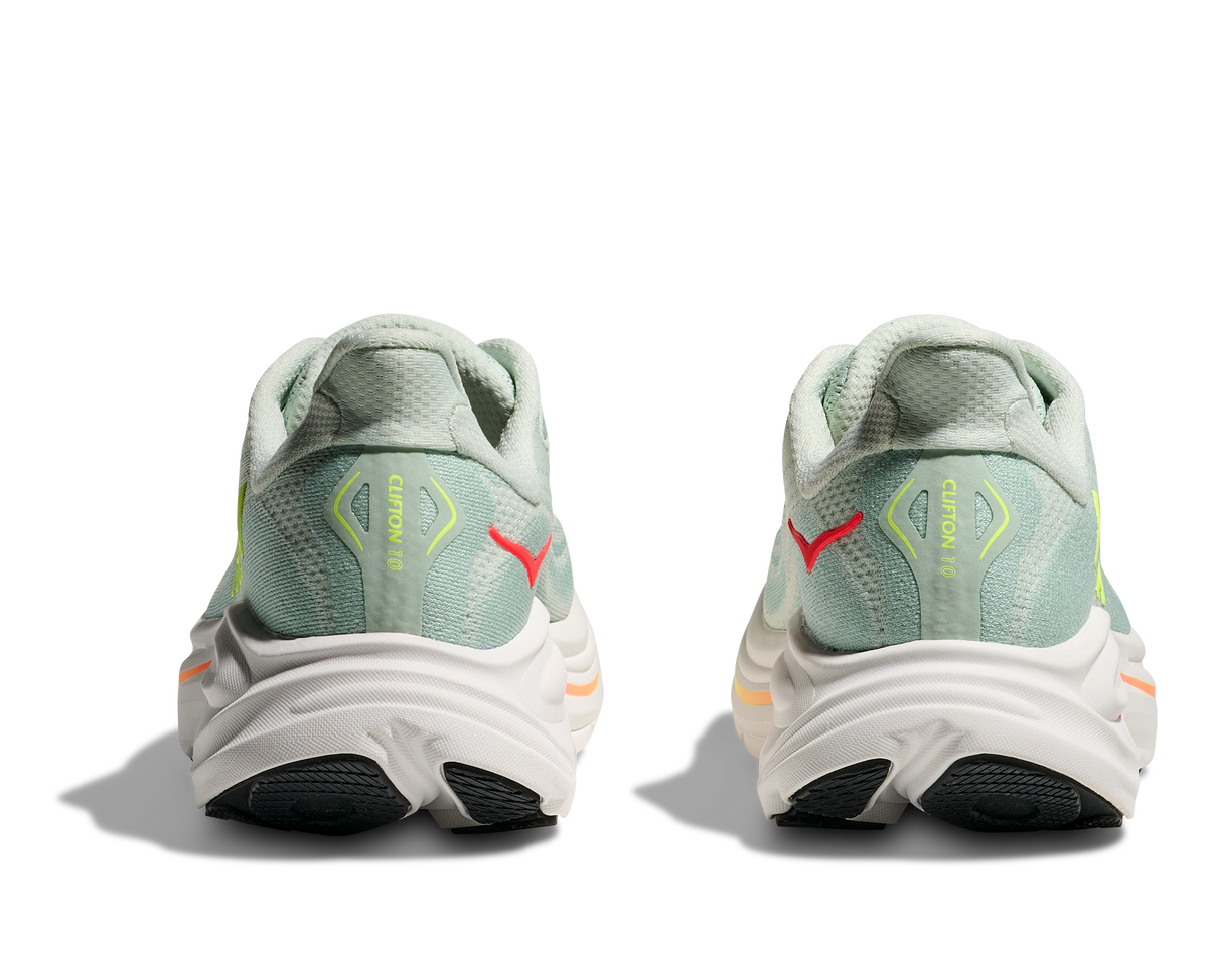 HOKA Clifton 10 Mujer Sea Glass / Neon Flame — vista superior