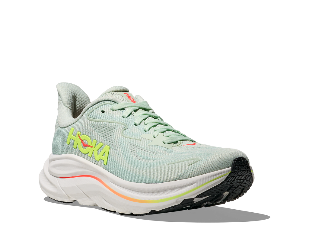 HOKA Clifton 10 Mujer Sea Glass / Neon Flame — vista trasera