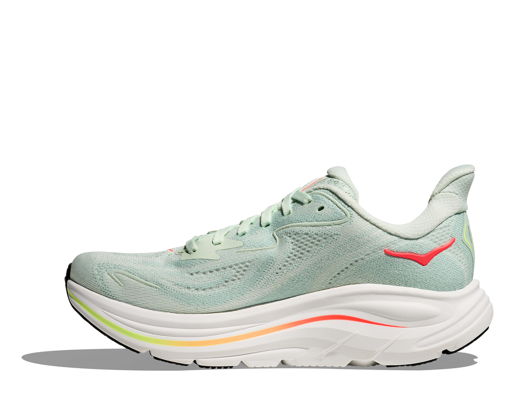 HOKA Clifton 10 Mujer Sea Glass / Neon Flame — detalle