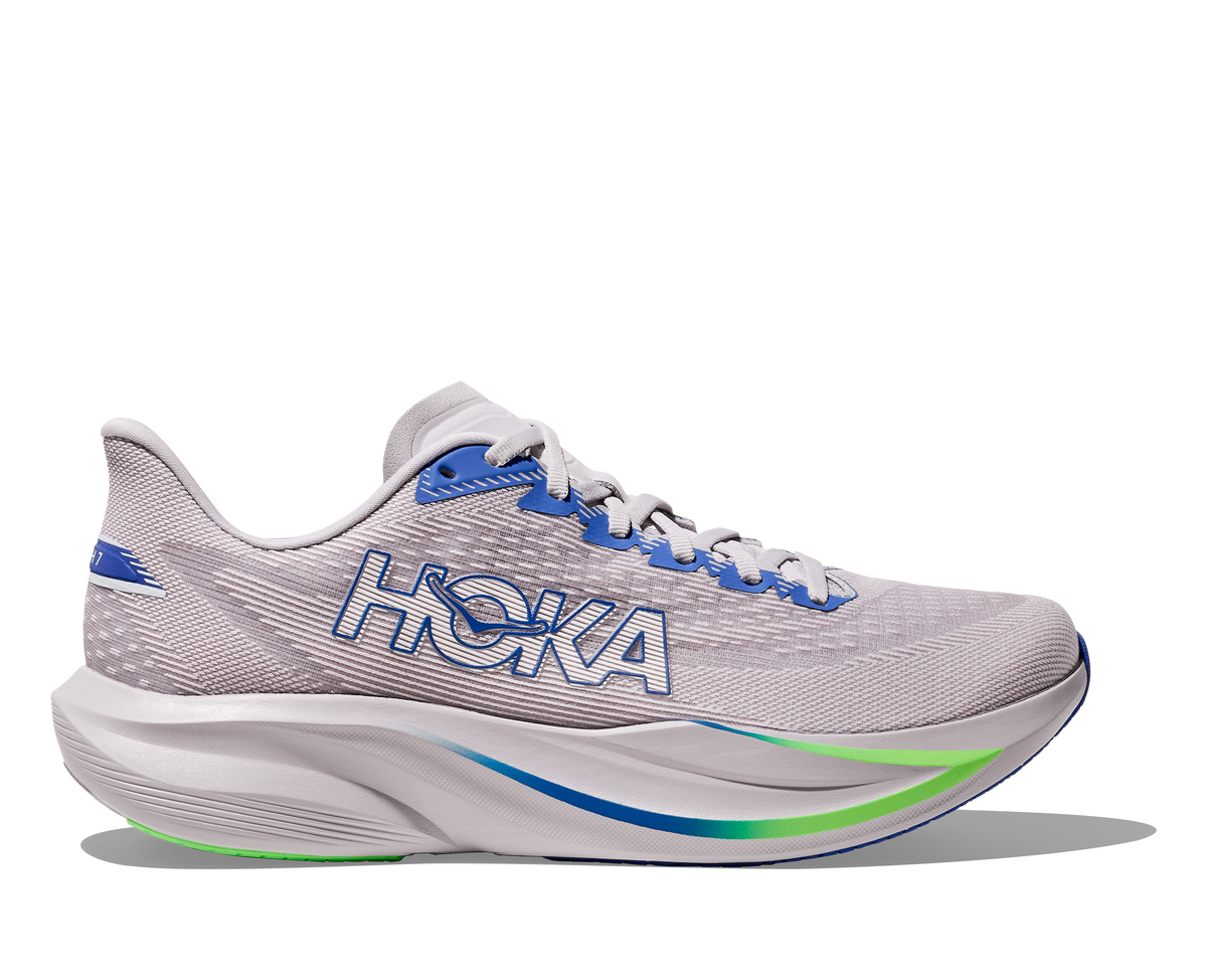 HOKA Mach 7 Hombre Ash Grey Cobalt Blue — vista lateral