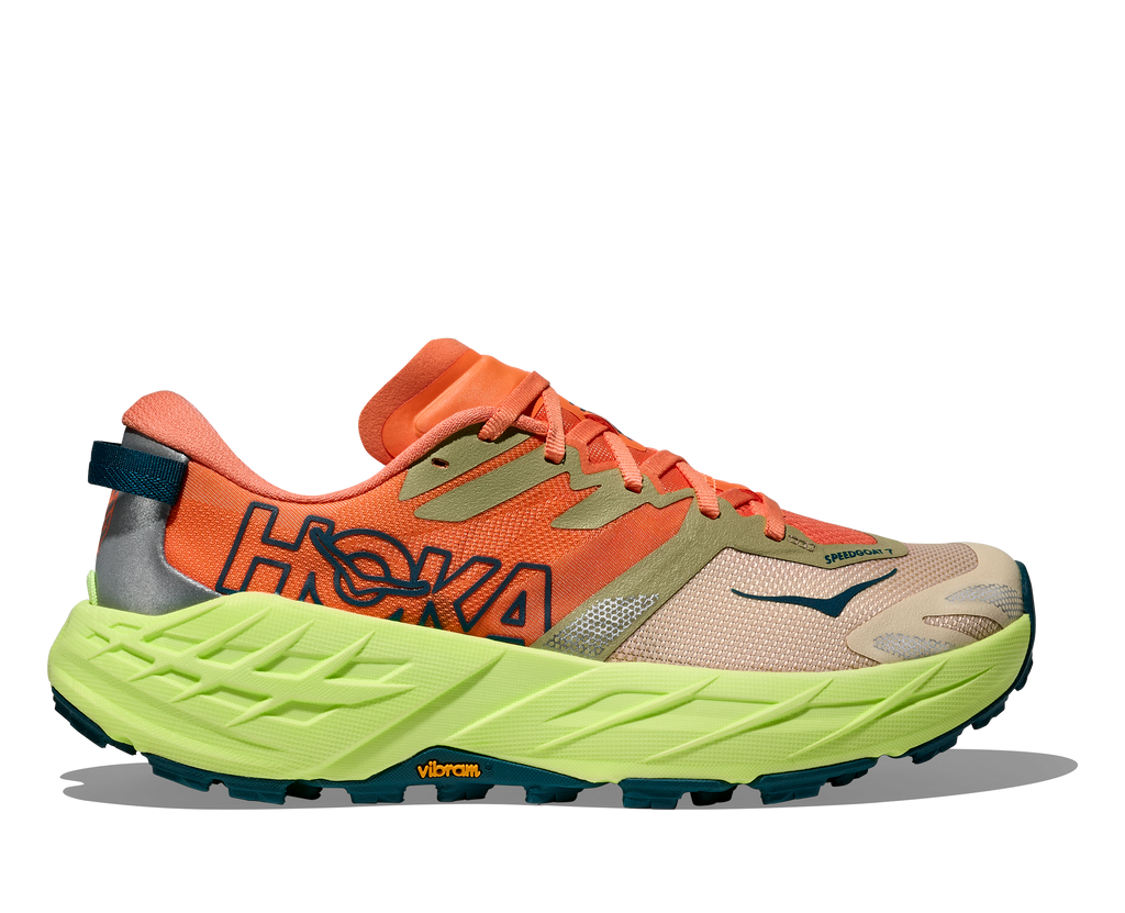 HOKA Speedgoat 7 Mujer Persimmon / Neon Yuzu — vista lateral