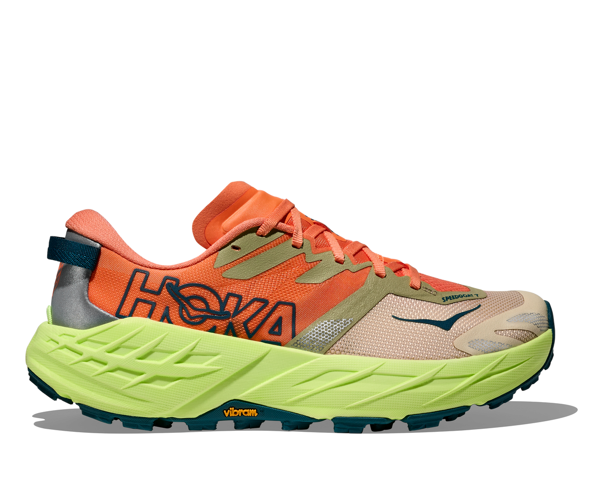 HOKA Speedgoat 7 Mujer Persimmon / Neon Yuzu — vista lateral