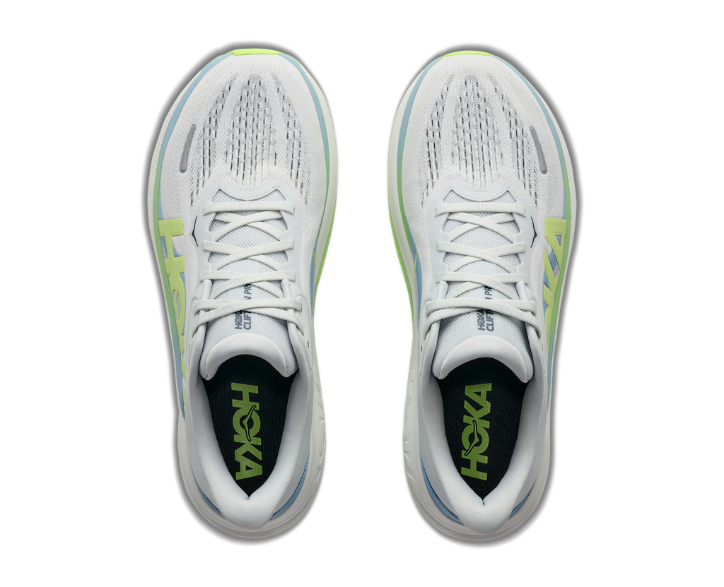 HOKA Clifton Pro Hombre Moonrise Grey / Neon Yuzu — vista medial