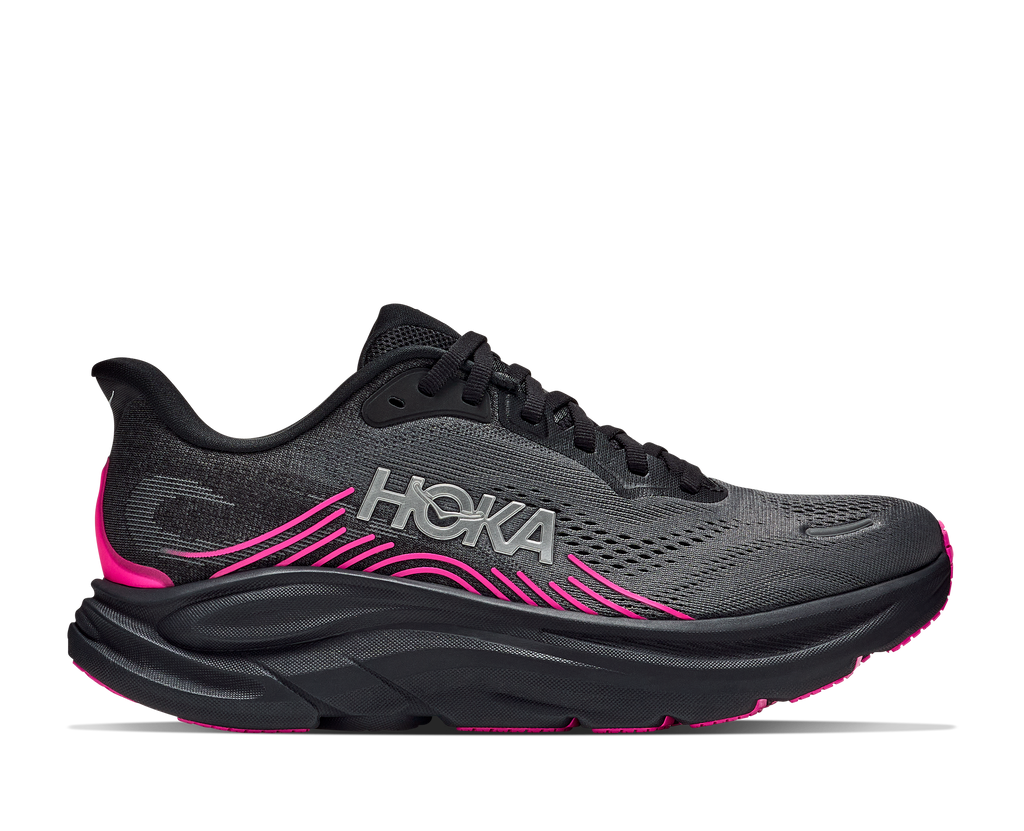 HOKA Clifton 11 Mujer Black / Neon Dragonfruit — vista lateral