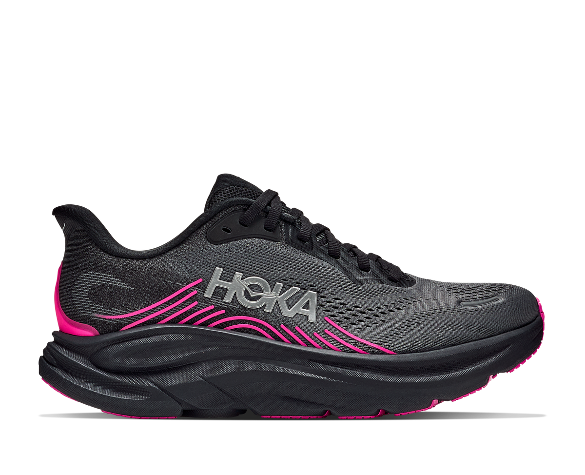 HOKA Clifton 11 Mujer Black / Neon Dragonfruit — vista lateral
