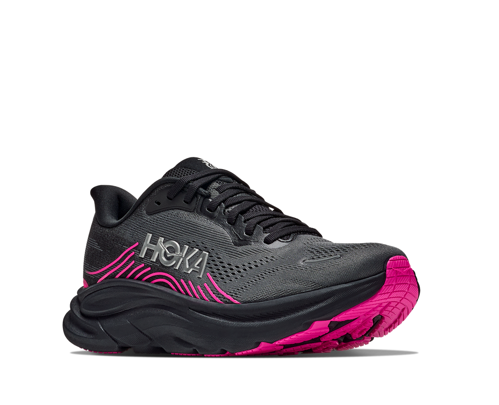 HOKA Clifton 11 Mujer Black / Neon Dragonfruit — vista trasera