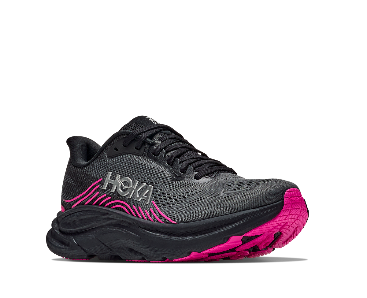 HOKA Clifton 11 Mujer Black / Neon Dragonfruit — vista trasera