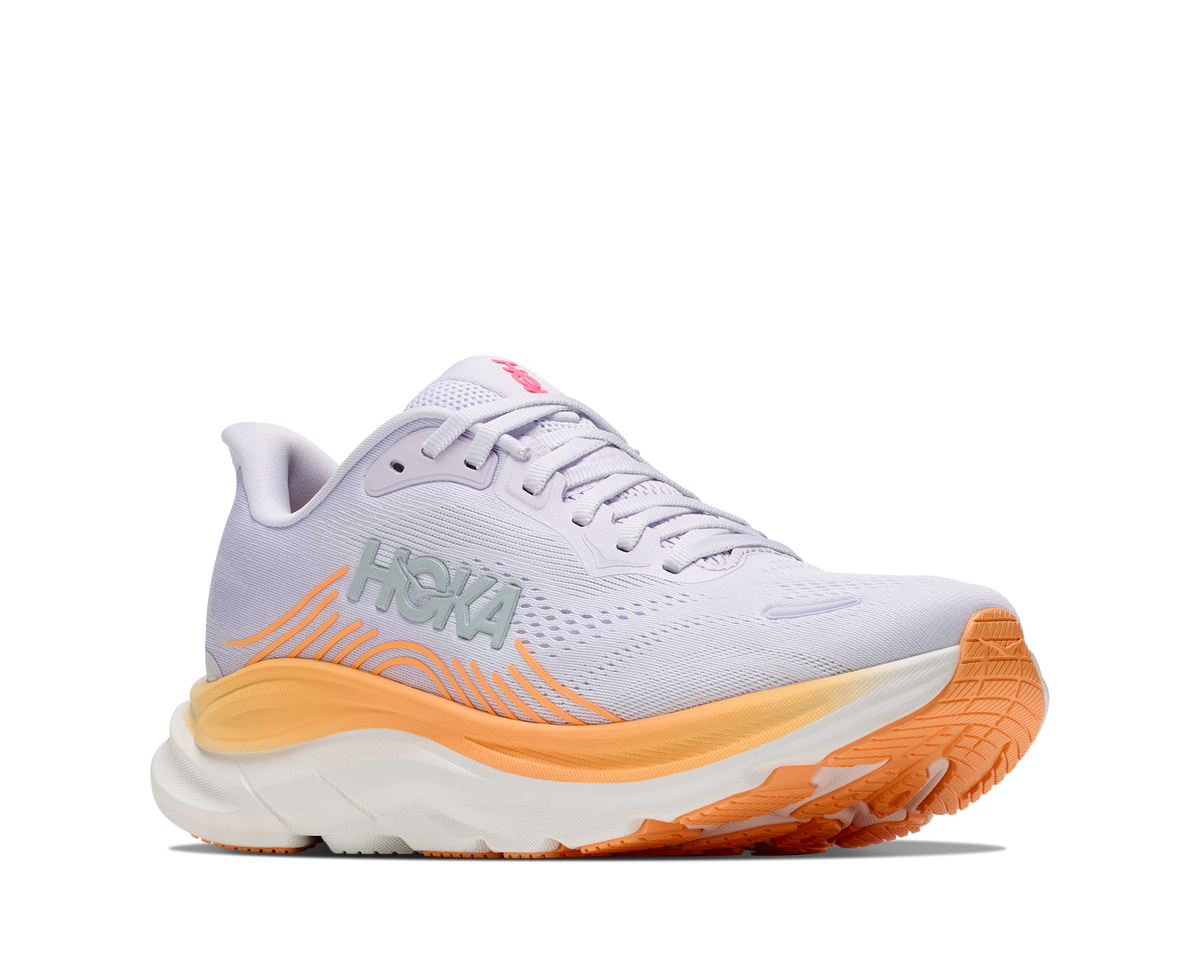 HOKA Clifton 11 Mujer Cold Plunge Blue / Neon Mango — vista trasera