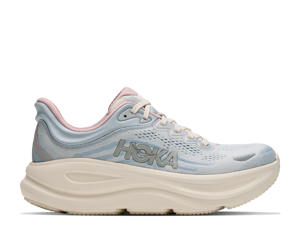 HOKA Bondi 9 GLM Mujer Alabaster / Mineral Blue — vista lateral