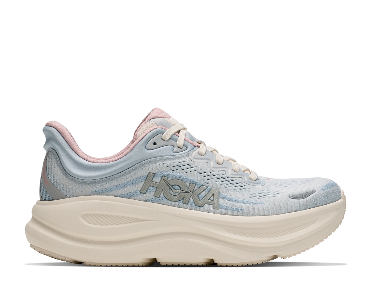 HOKA Bondi 9 GLM Mujer Alabaster / Mineral Blue — vista lateral