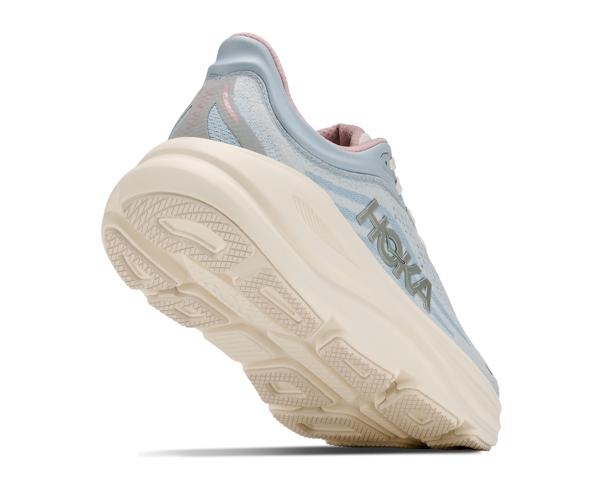 HOKA Bondi 9 GLM Mujer Alabaster / Mineral Blue — vista tres cuartos