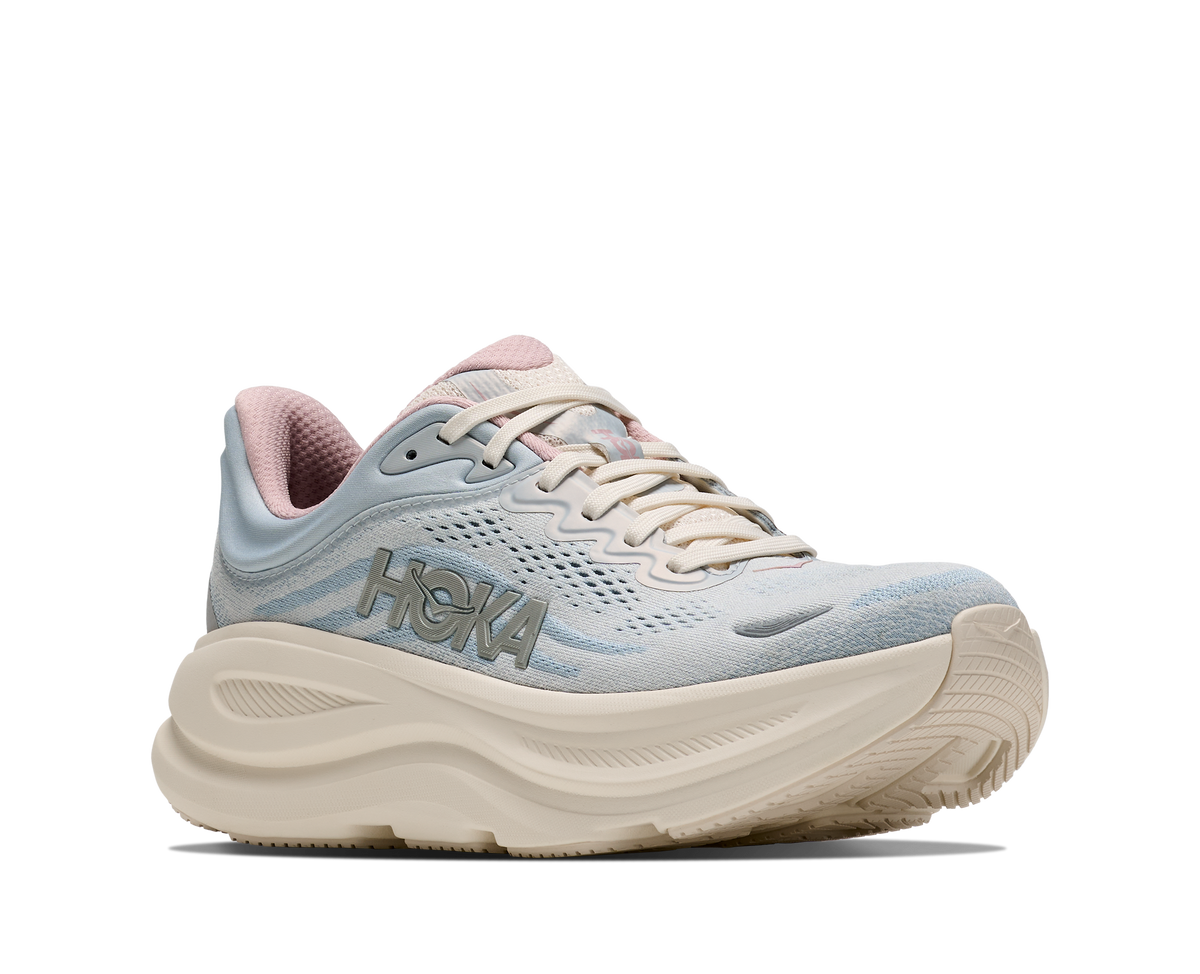 HOKA Bondi 9 GLM Mujer Alabaster / Mineral Blue — vista trasera